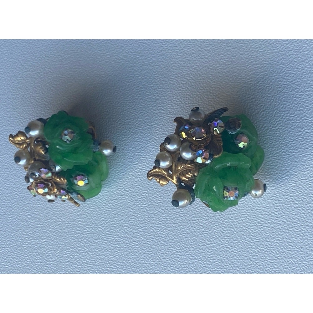 VTG 50s Carved Green Molded Glass Rose Clip-On Earrings AB Rhinestone Faux Pearl